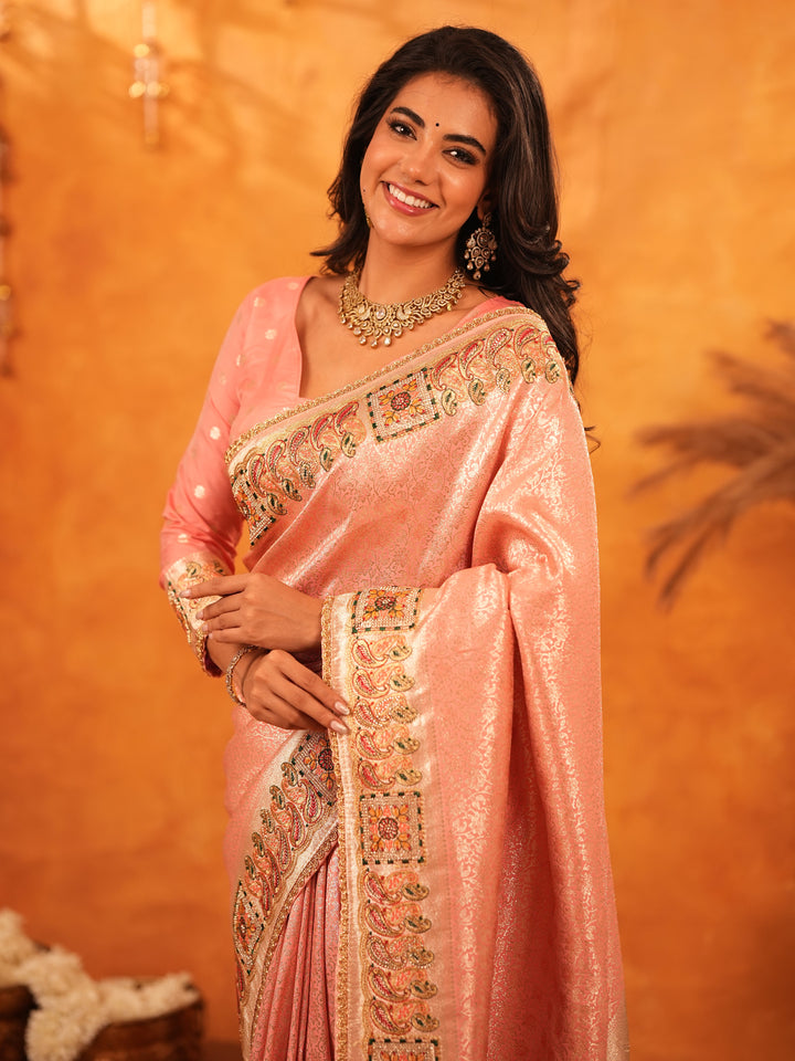 Peach Pink Banarasi Silk Saree with All-Over Zari Weaving & Rich Embroidered Border | Designer Festive & Wedding Wear Saree with Blouse