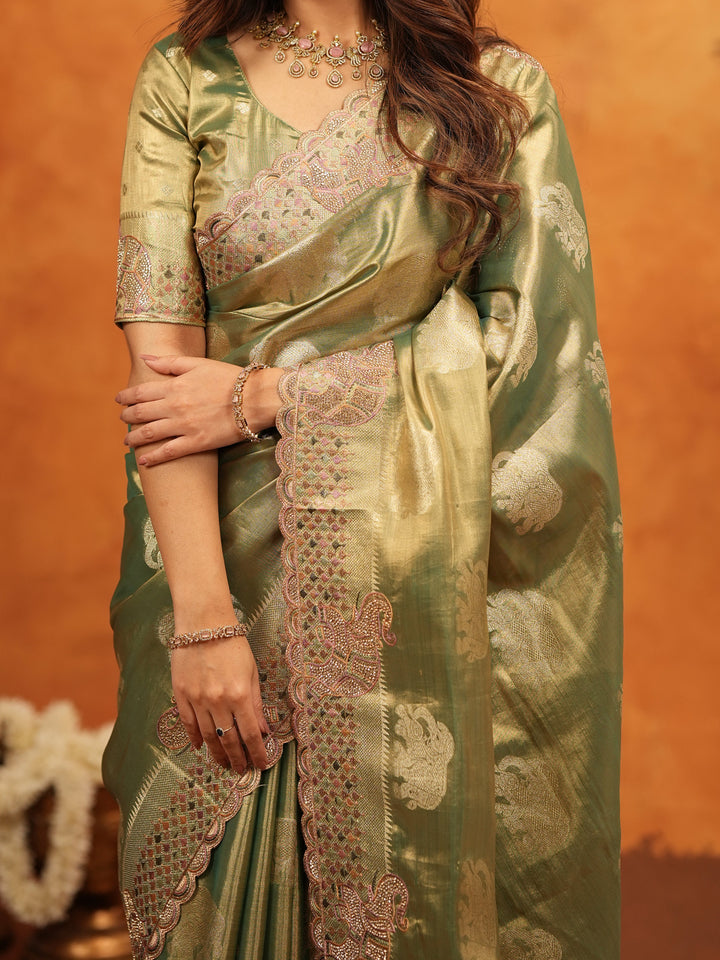 Olive Green Tissue Silk Embroidered Saree with Zari Motifs & Designer Border | Heavy Embroidered Blouse with Tassels | Wedding & Festive Wear Saree
