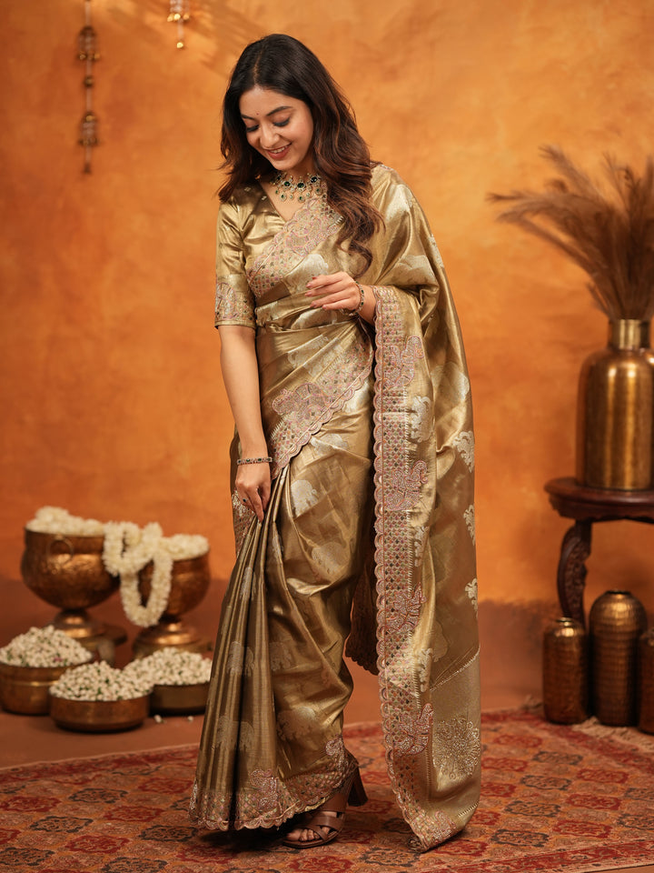 Antique Gold Tissue Silk Embroidered Saree with Rich Zari Motifs & Designer Border | Heavy Embroidered Blouse with Tassels | Wedding Festive Wear Saree