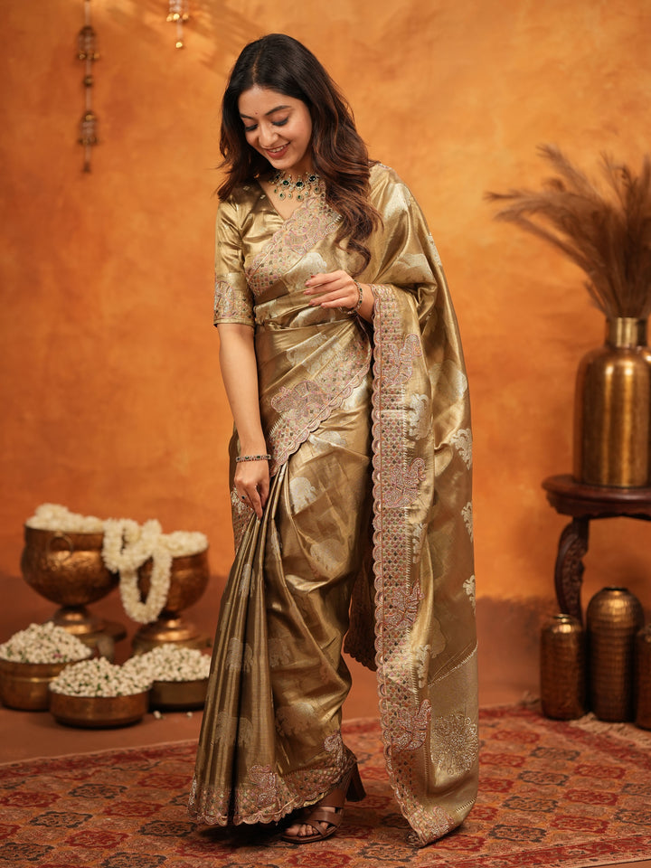Antique Gold Tissue Silk Embroidered Saree with Rich Zari Motifs & Designer Border | Heavy Embroidered Blouse with Tassels | Wedding Festive Wear Saree
