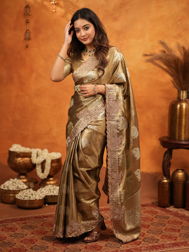 Antique Gold Tissue Silk Embroidered Saree with Rich Zari Motifs & Designer Border | Heavy Embroidered Blouse with Tassels | Wedding Festive Wear Saree