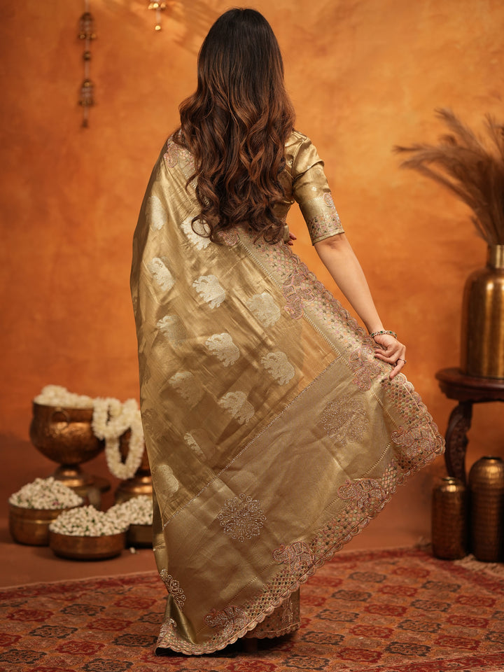 Antique Gold Tissue Silk Embroidered Saree with Rich Zari Motifs & Designer Border | Heavy Embroidered Blouse with Tassels | Wedding Festive Wear Saree