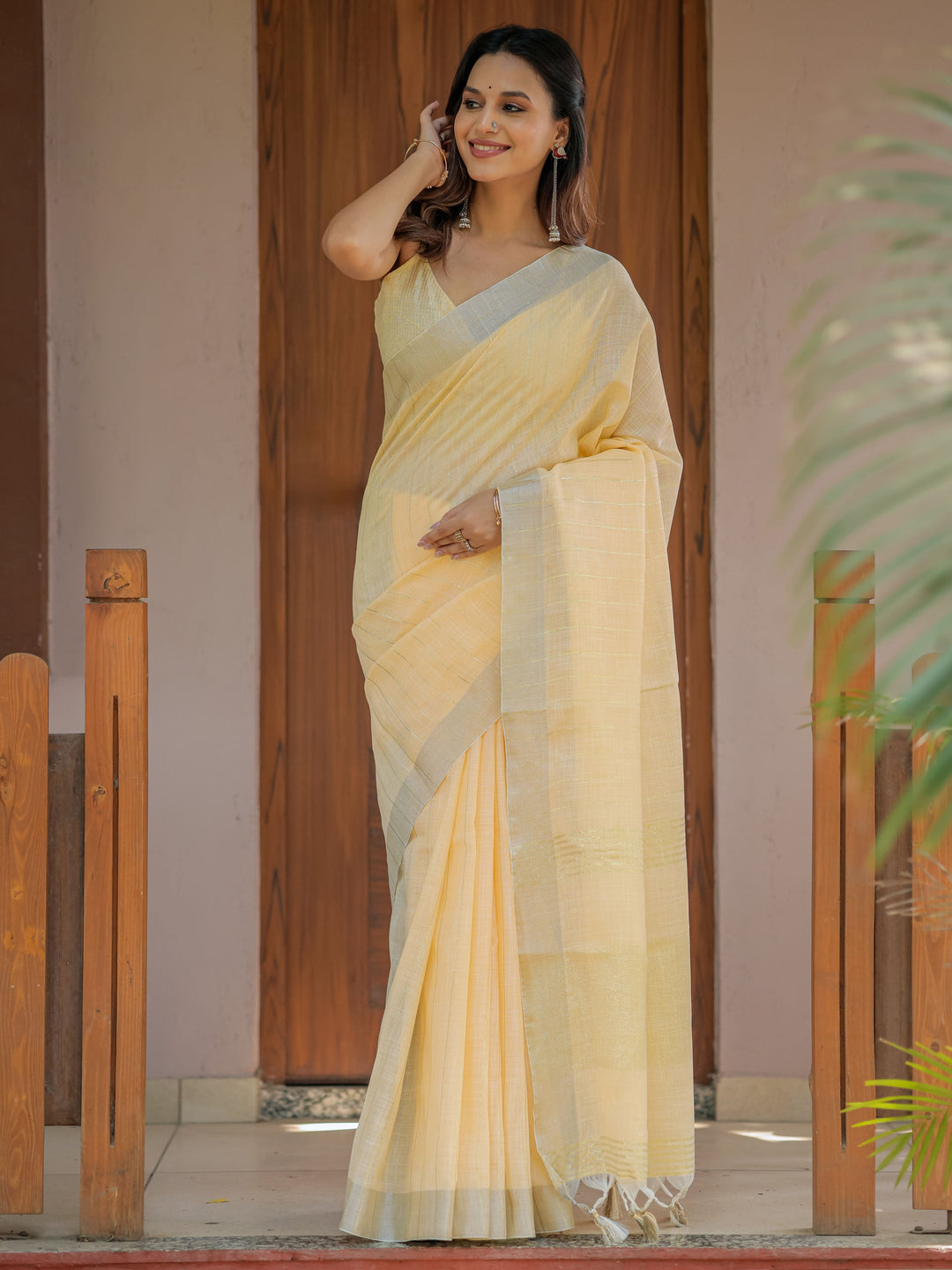 Butter Yellow Pure Handloom Cotton Saree with Golden Striped Weaving & Tassel Detailing