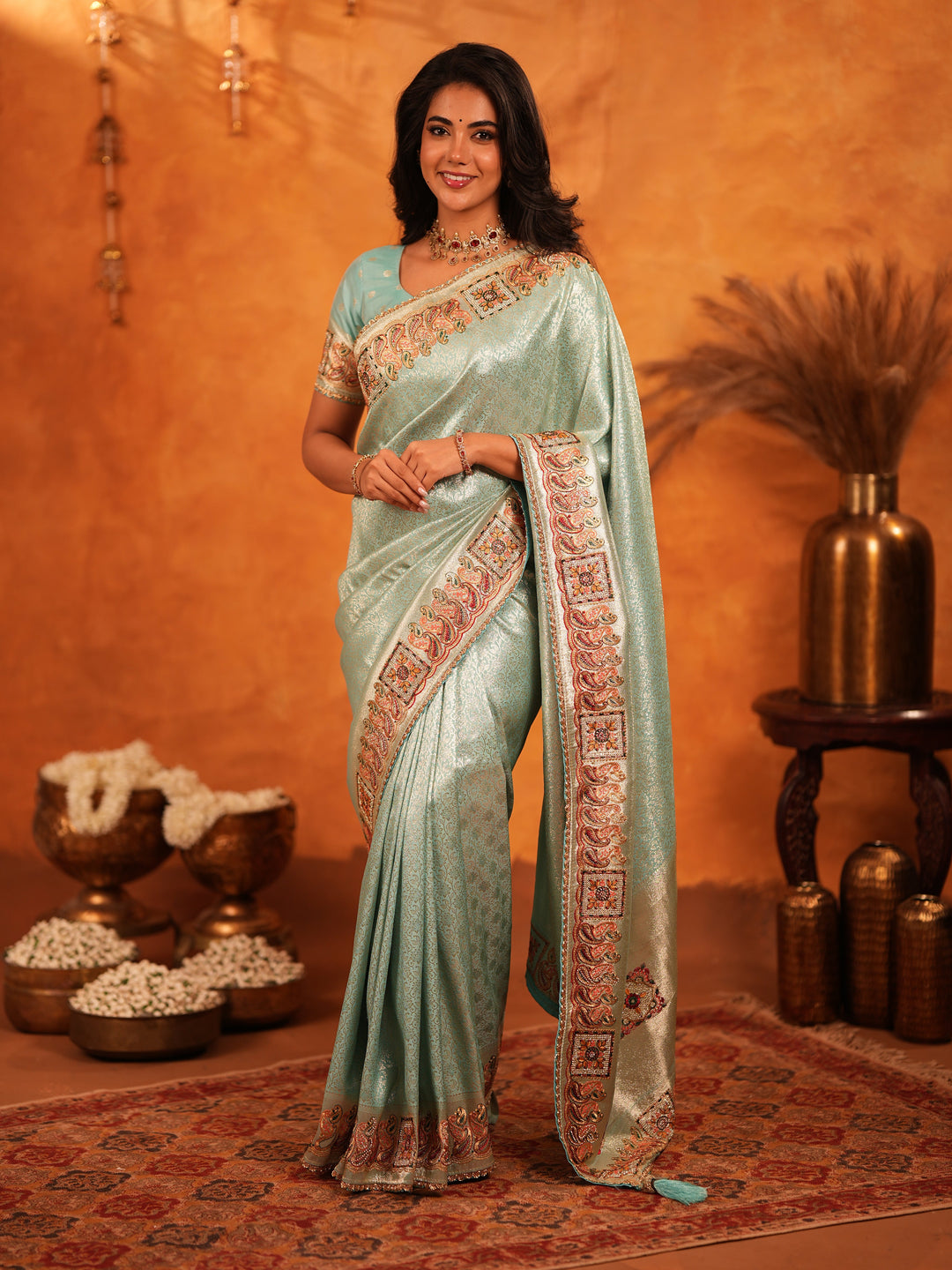 Mint Green Banarasi Silk Saree with Intricate Zari Weaving & Heavy Ornamental Embroidered Border | Elegant Festive & Wedding Wear Saree with Blouse