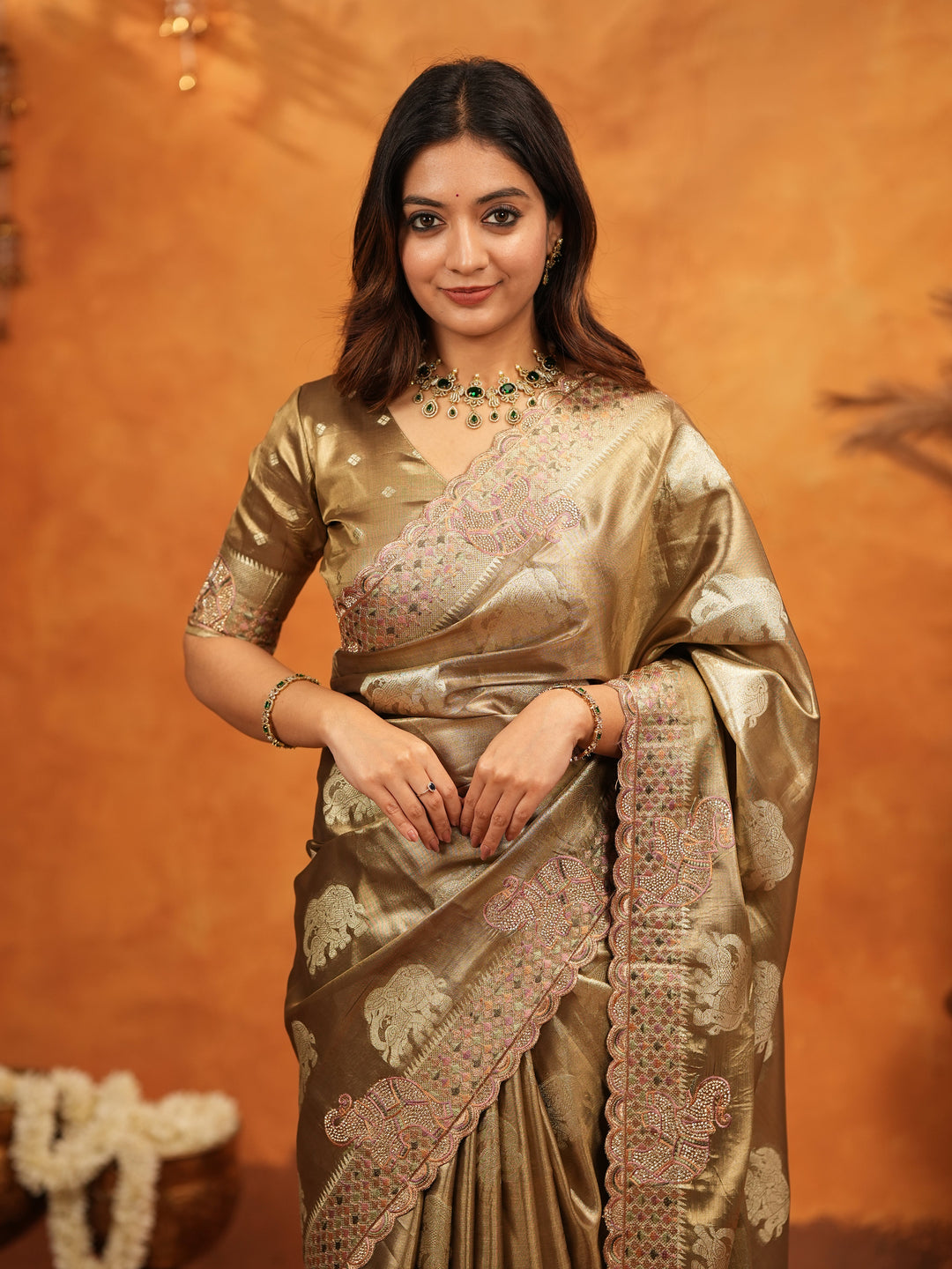 Antique Gold Tissue Silk Embroidered Saree with Rich Zari Motifs & Designer Border | Heavy Embroidered Blouse with Tassels | Wedding Festive Wear Saree