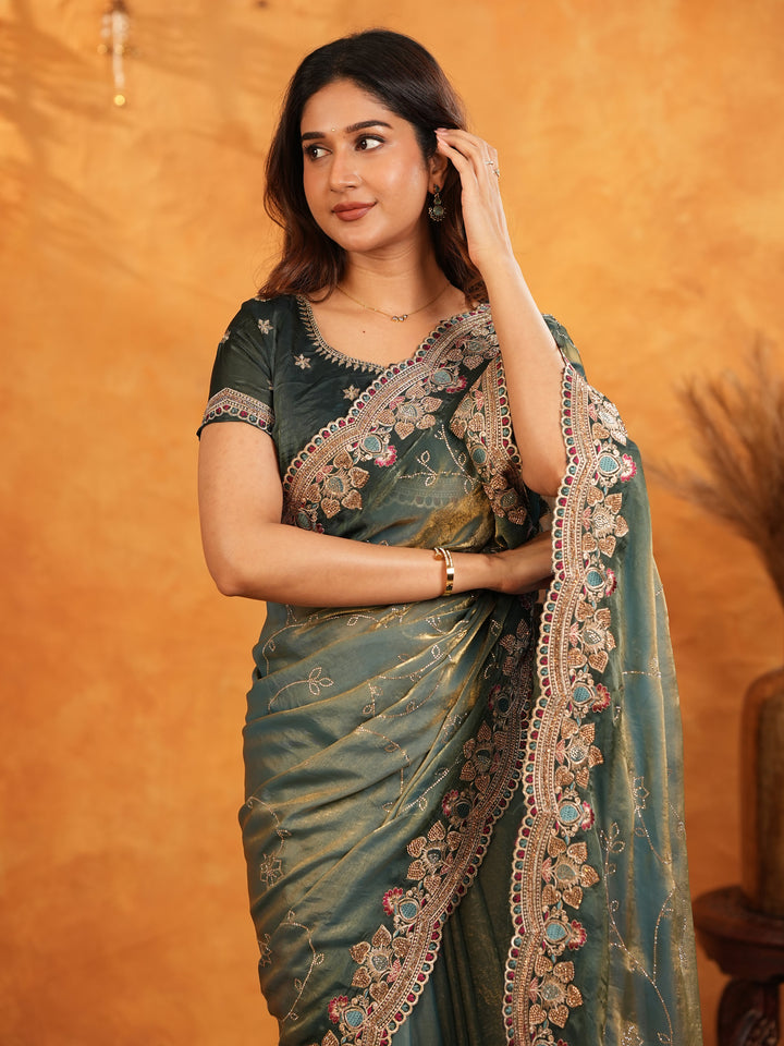 Elegant Steel Teal Fendy Satin Embroidered Saree with Floral Border & Tassel Finish | Designer Party Wear Saree with Heavy Embroidered Blouse