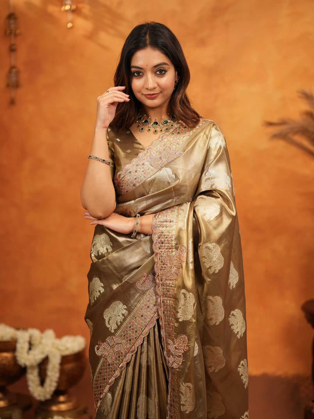 Antique Gold Tissue Silk Embroidered Saree with Rich Zari Motifs & Designer Border | Heavy Embroidered Blouse with Tassels | Wedding Festive Wear Saree