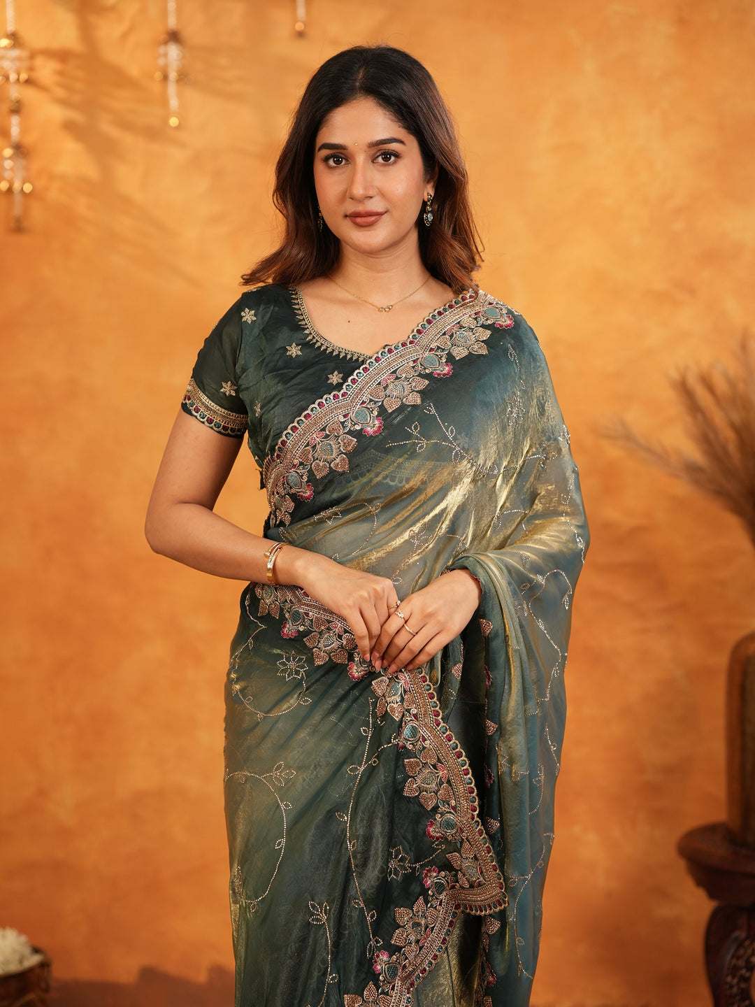 Elegant Steel Teal Fendy Satin Embroidered Saree with Floral Border & Tassel Finish | Designer Party Wear Saree with Heavy Embroidered Blouse