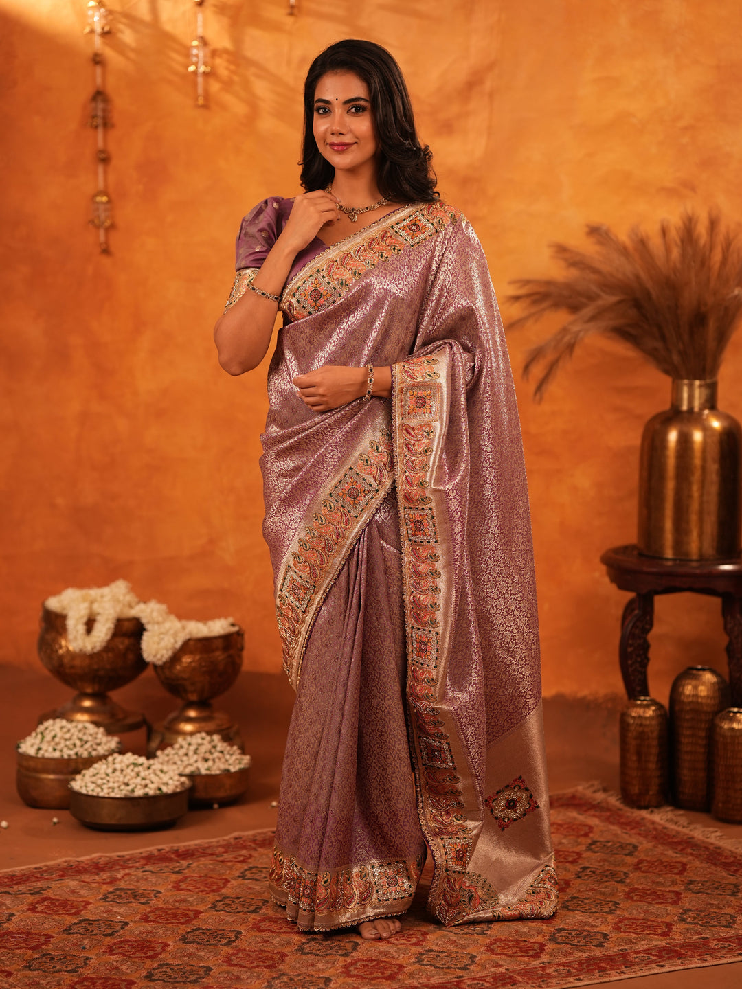 Dusty Mauve Banarasi Silk Saree with Intricate Zari Weaving & Rich Embroidered Border | Elegant Wedding & Festive Wear Saree with Blouse