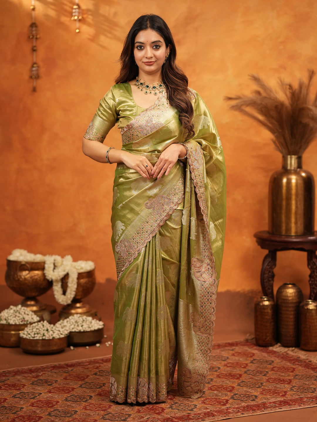 Mehendi Green Tissue Silk Embroidered Saree with Zari Motifs & Designer Border | Heavy Embroidered Blouse with Tassels | Wedding & Festive Wear Saree