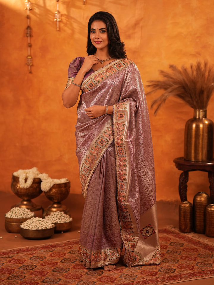 Dusty Mauve Banarasi Silk Saree with Intricate Zari Weaving & Rich Embroidered Border | Elegant Wedding & Festive Wear Saree with Blouse