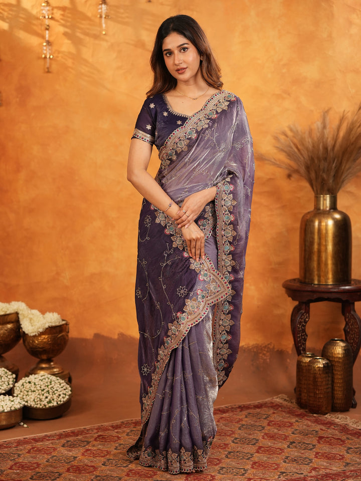 Royal Lavender Purple Fendy Satin Embroidered Saree with Intricate Floral Border & Tassels | Designer Party Wear Saree with Heavy Embroidered Blouse