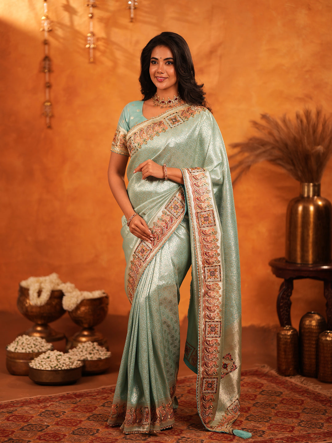 Mint Green Banarasi Silk Saree with Intricate Zari Weaving & Heavy Ornamental Embroidered Border | Elegant Festive & Wedding Wear Saree with Blouse