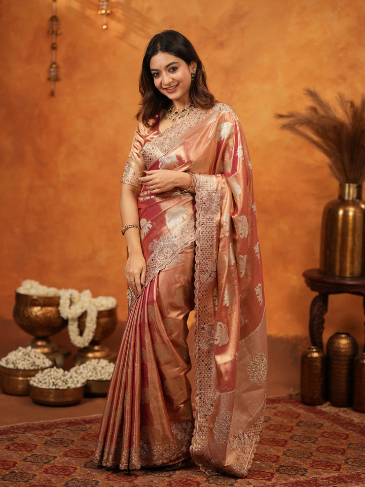 Peach Pink Tissue Silk Embroidered Saree with Zari Motifs & Designer Border | Heavy Embroidered Blouse with Tassels | Wedding & Festive Wear Saree