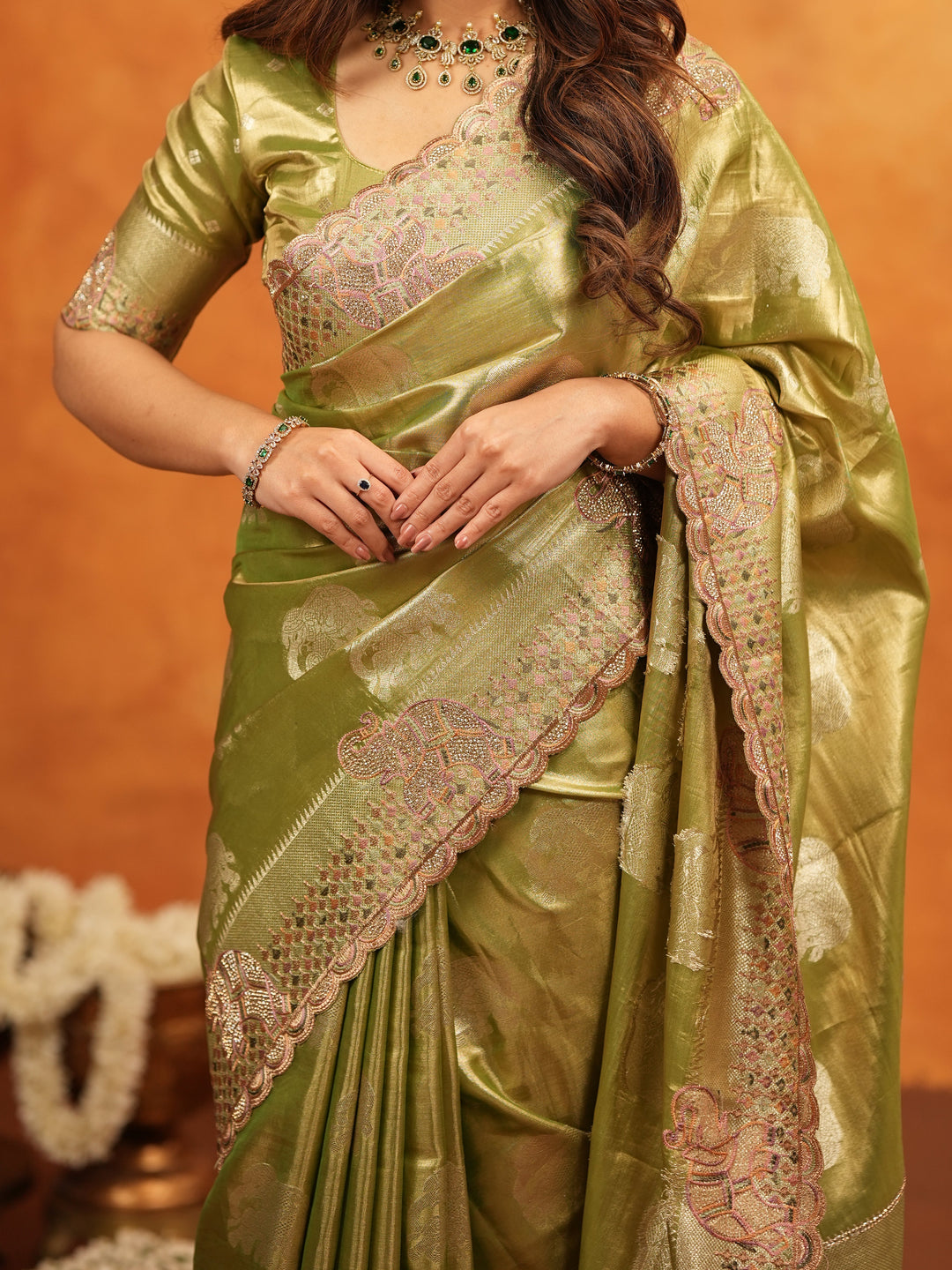Mehendi Green Tissue Silk Embroidered Saree with Zari Motifs & Designer Border | Heavy Embroidered Blouse with Tassels | Wedding & Festive Wear Saree