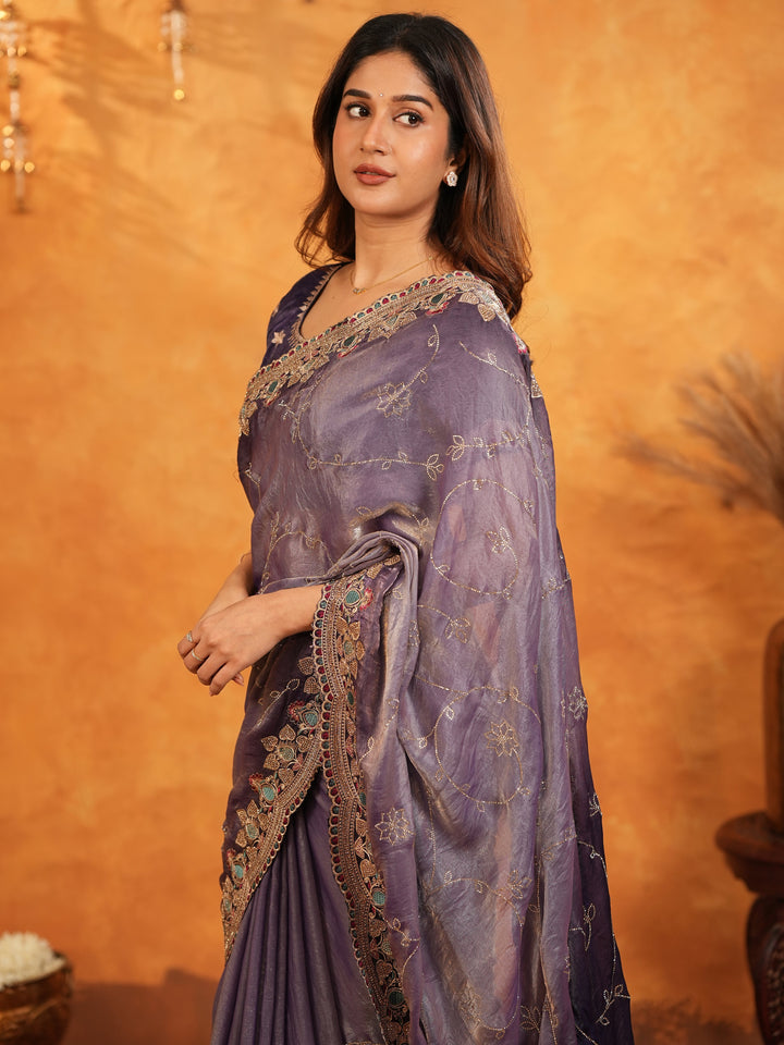 Royal Lavender Purple Fendy Satin Embroidered Saree with Intricate Floral Border & Tassels | Designer Party Wear Saree with Heavy Embroidered Blouse