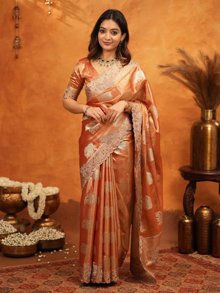 Rust Orange Tissue Silk Embroidered Saree with Zari Motifs & Designer Border | Heavy Embroidered Blouse with Tassels | Wedding & Festive Wear Saree