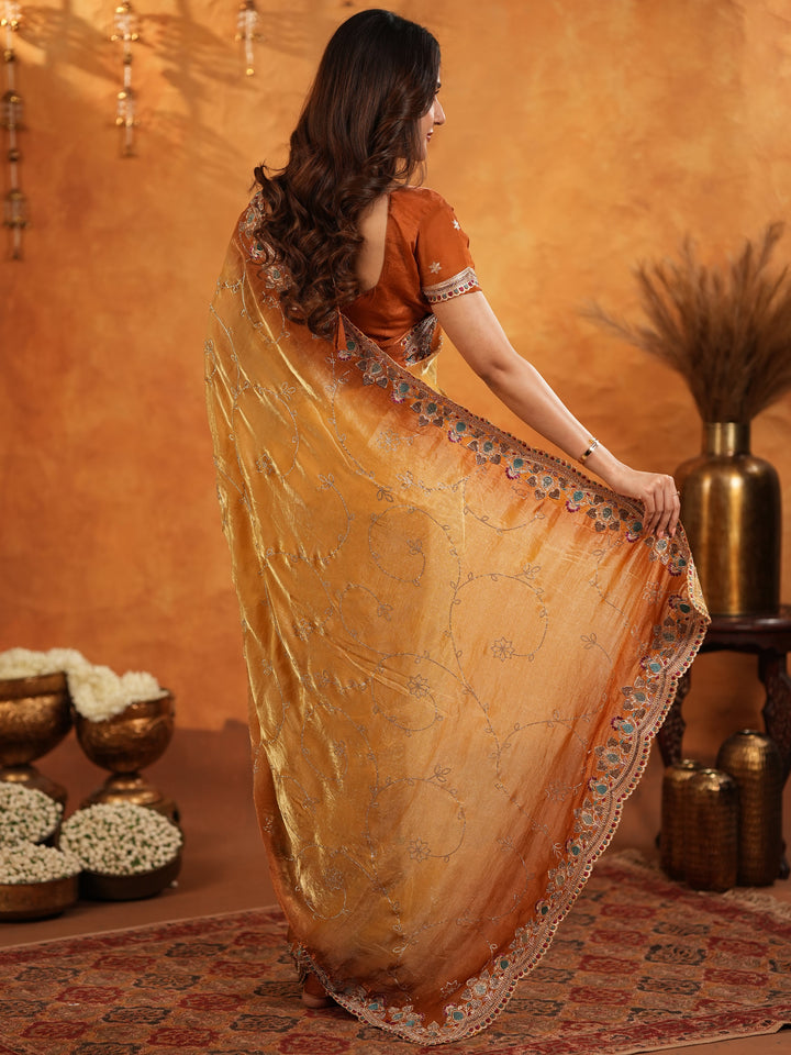 Mustard Gold Fendy Satin Embroidered Saree with Multicolor Floral Border & Tassels | Designer Festive Party Wear Saree with Heavy Embroidered Blouse