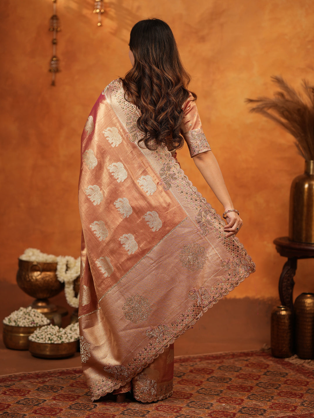 Peach Pink Tissue Silk Embroidered Saree with Zari Motifs & Designer Border | Heavy Embroidered Blouse with Tassels | Wedding & Festive Wear Saree