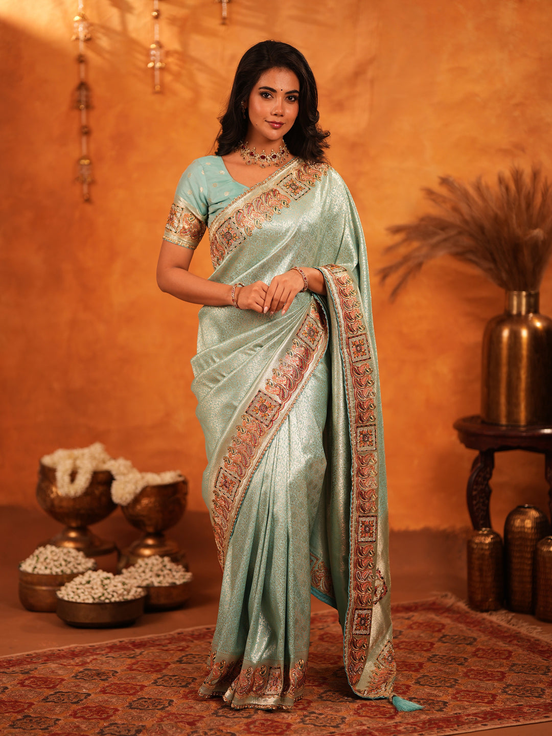 Mint Green Banarasi Silk Saree with Intricate Zari Weaving & Heavy Ornamental Embroidered Border | Elegant Festive & Wedding Wear Saree with Blouse