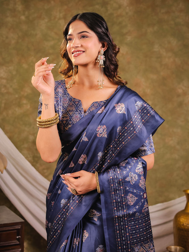 Navy Blue Pure Chinnon Ajrakh Printed Saree with Tassel Edges, Traditional Ethnic Print & Matching Blouse Piece