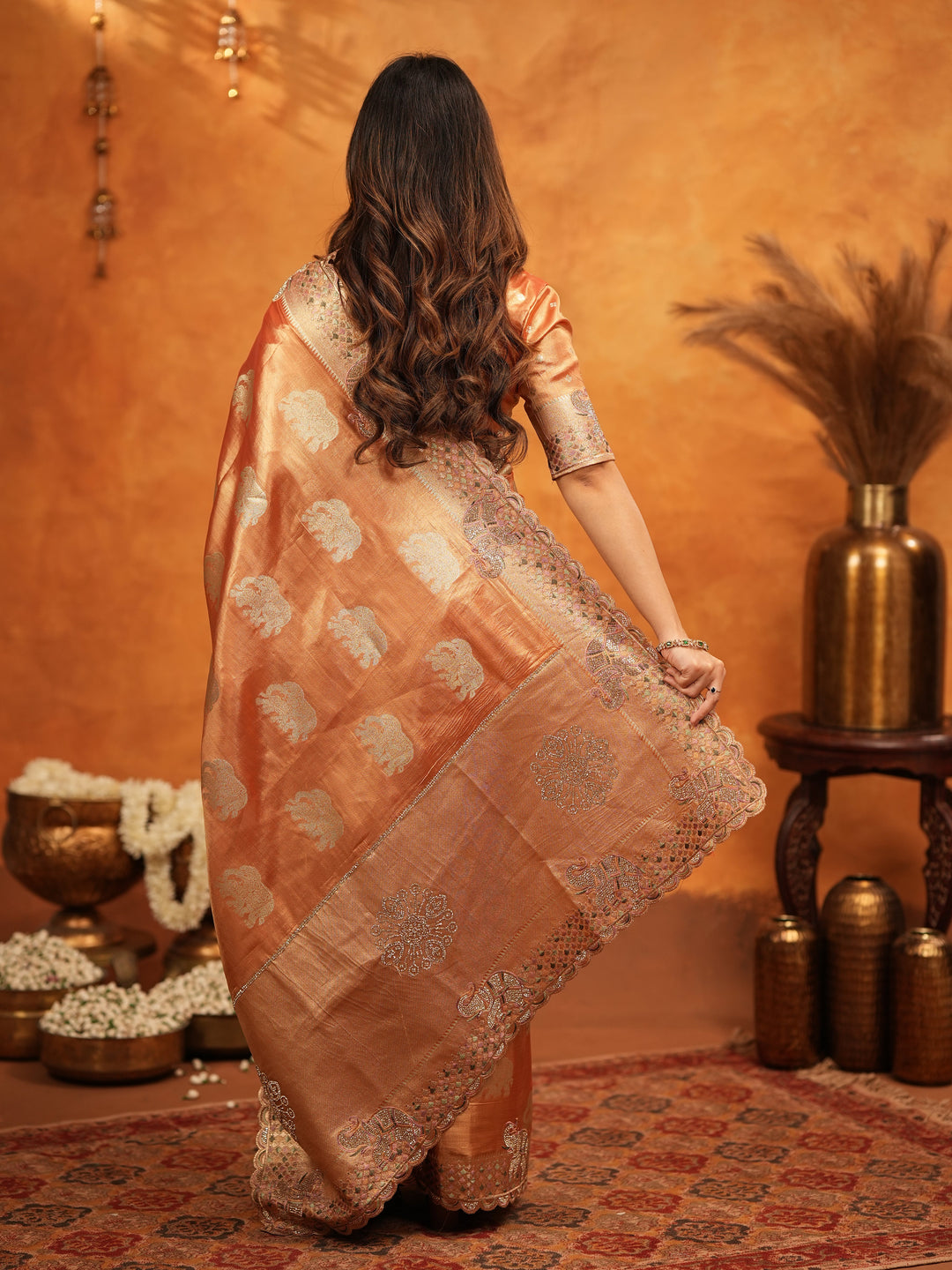 Rust Orange Tissue Silk Embroidered Saree with Zari Motifs & Designer Border | Heavy Embroidered Blouse with Tassels | Wedding & Festive Wear Saree