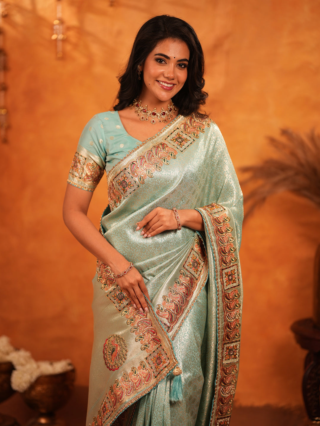 Mint Green Banarasi Silk Saree with Intricate Zari Weaving & Heavy Ornamental Embroidered Border | Elegant Festive & Wedding Wear Saree with Blouse