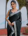 Classic Black Pure Handloom Mul Cotton Saree with Silver Border & Tassel Detailing
