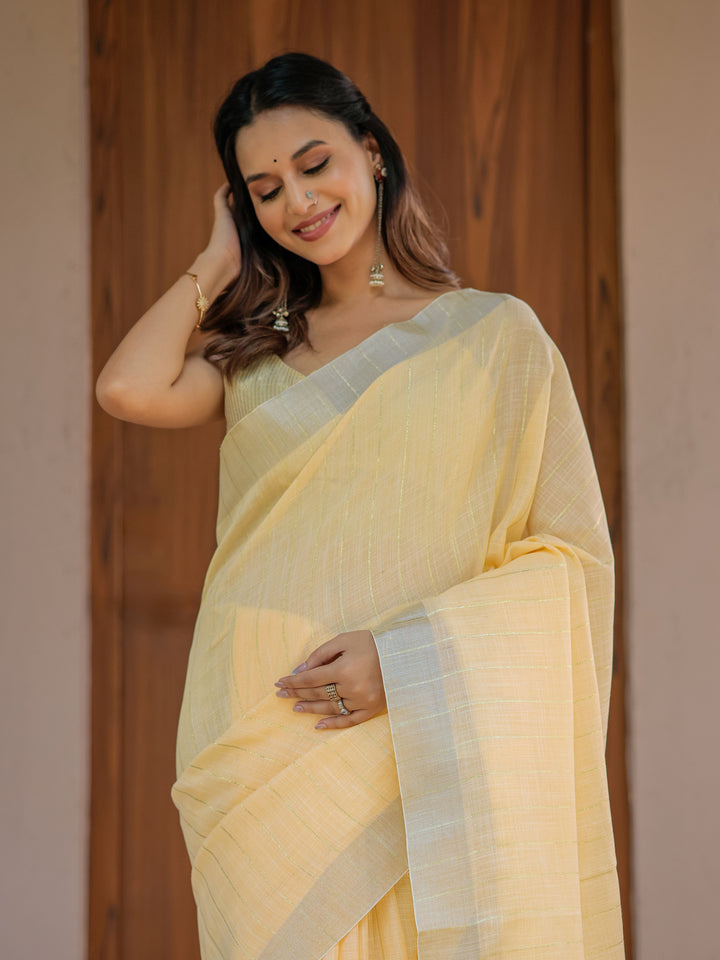 Butter Yellow Pure Handloom Cotton Saree with Golden Striped Weaving & Tassel Detailing