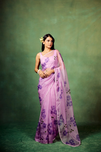 Lavender Pure Organza Saree with Hand-Painted Purple Floral Motifs & Pearl Sequin Highlights | Satin Blouse