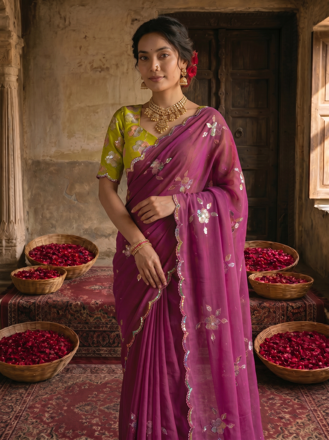 Magenta Purple Georgette Embroidered Saree with Floral Sequin Work & Contrast Lime Green Blouse