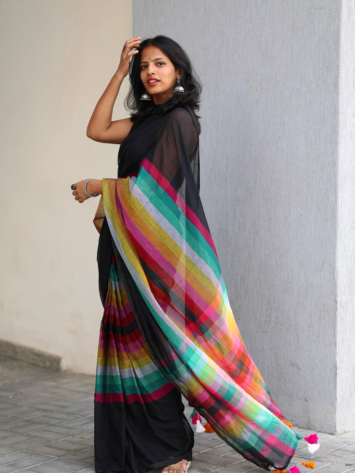 Black Mul Cotton Saree with Multicolour Striped Checkered Pallu, Tassel Edges & Attached Blouse Piece