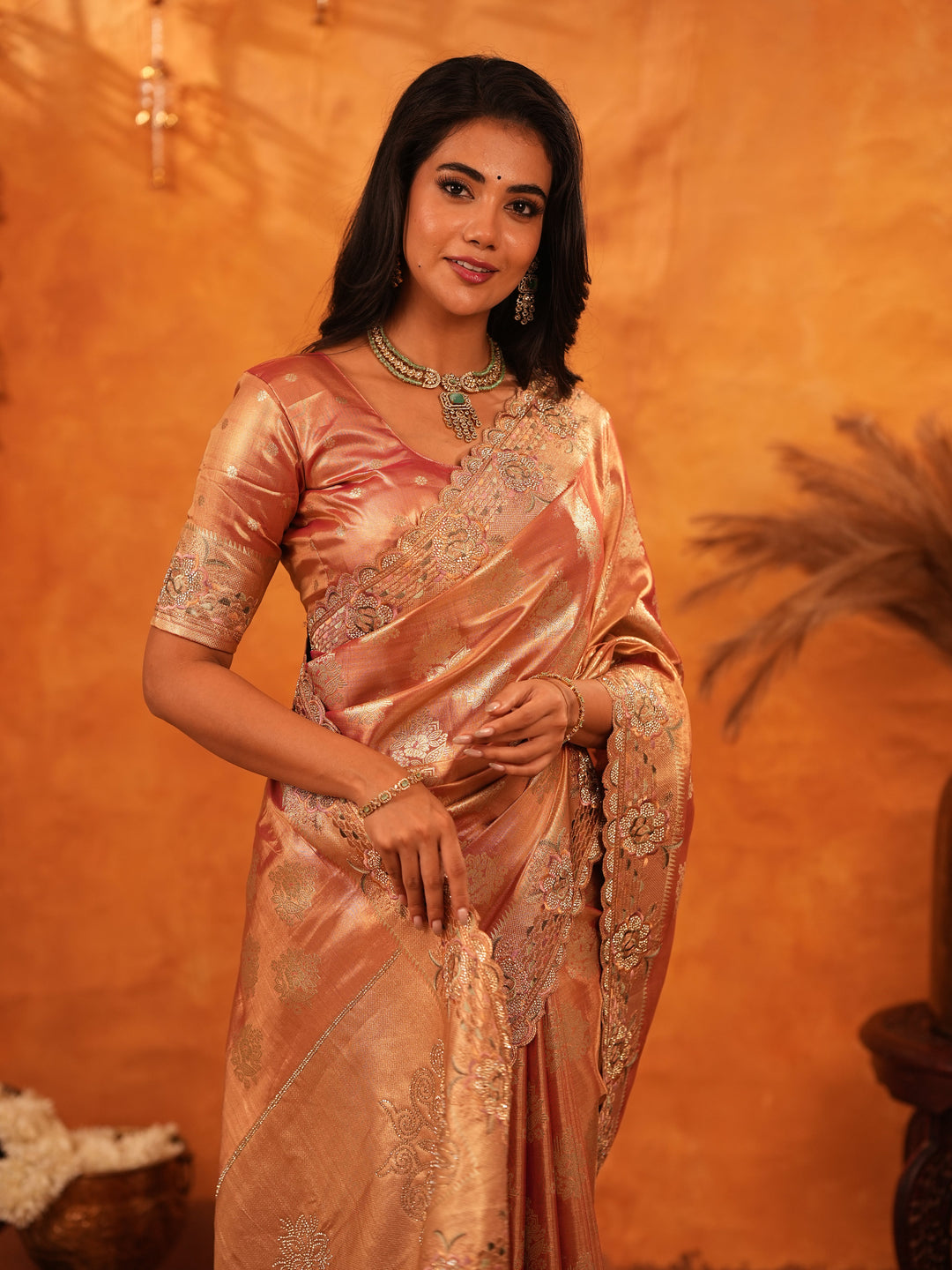 Rose Gold Banarasi Silk Saree with Floral Zari Butti & Scalloped Embroidered Border | Premium Wedding & Festive Wear Designer Saree