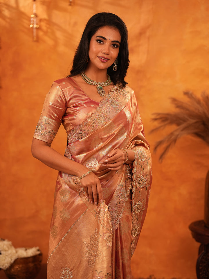 Rose Gold Banarasi Silk Saree with Floral Zari Butti & Scalloped Embroidered Border | Premium Wedding & Festive Wear Designer Saree