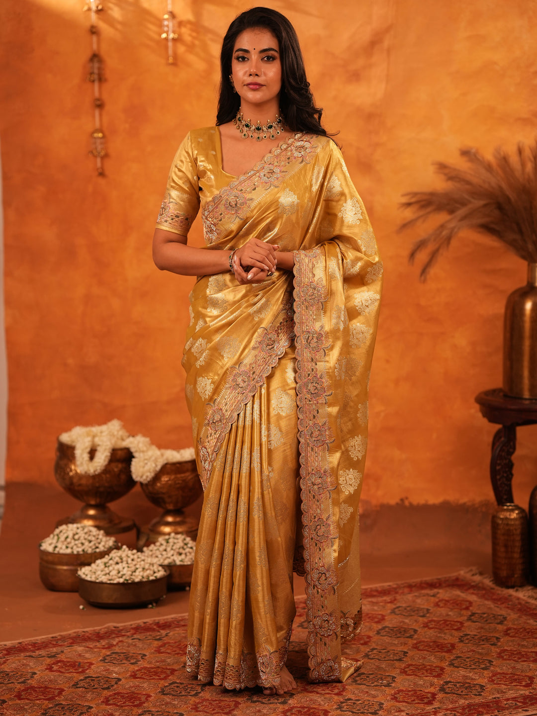 Mustard Gold Banarasi Silk Saree with Floral Zari Butti & Scalloped Embroidered Border | Premium Festive & Wedding Wear Designer Saree