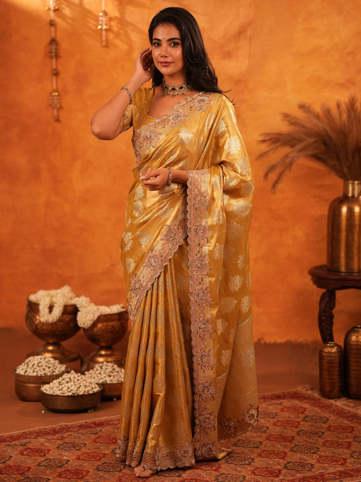 Mustard Gold Banarasi Silk Saree with Floral Zari Butti & Scalloped Embroidered Border | Premium Festive & Wedding Wear Designer Saree
