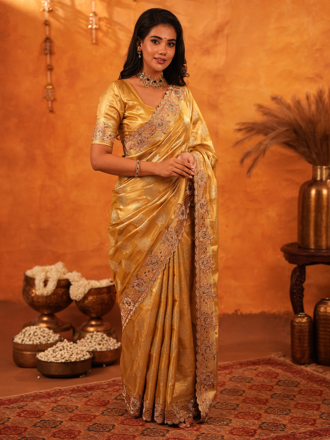 Mustard Gold Banarasi Silk Saree with Floral Zari Butti & Scalloped Embroidered Border | Premium Festive & Wedding Wear Designer Saree