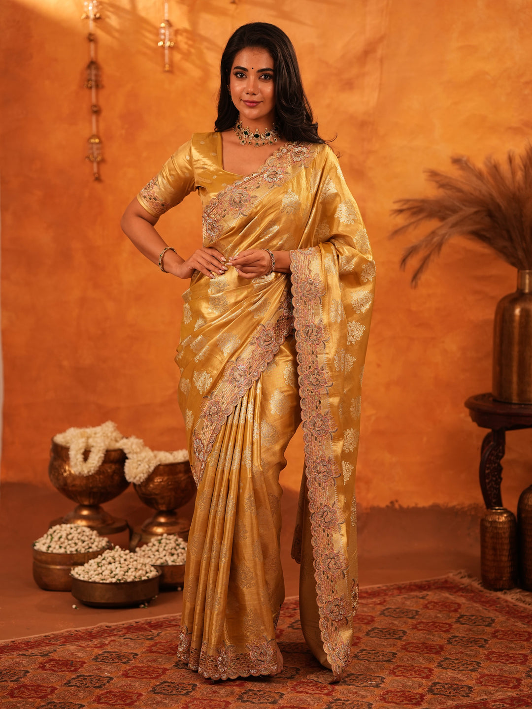 Mustard Gold Banarasi Silk Saree with Floral Zari Butti & Scalloped Embroidered Border | Premium Festive & Wedding Wear Designer Saree