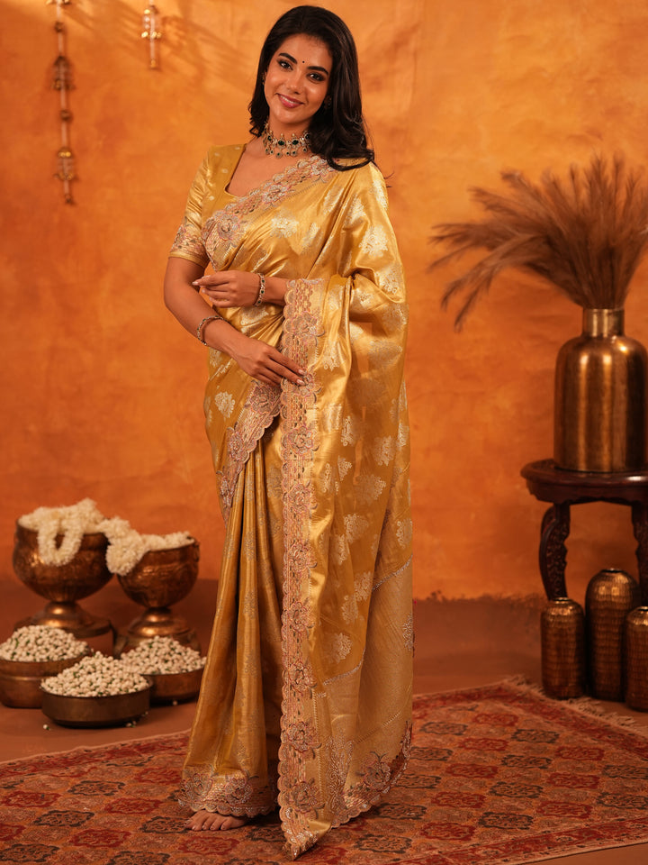 Mustard Gold Banarasi Silk Saree with Floral Zari Butti & Scalloped Embroidered Border | Premium Festive & Wedding Wear Designer Saree