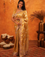 Mustard Gold Banarasi Silk Saree with Floral Zari Butti & Scalloped Embroidered Border | Premium Festive & Wedding Wear Designer Saree