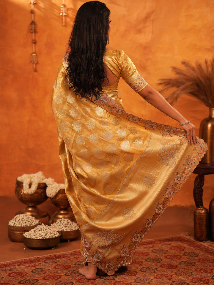 Mustard Gold Banarasi Silk Saree with Floral Zari Butti & Scalloped Embroidered Border | Premium Festive & Wedding Wear Designer Saree