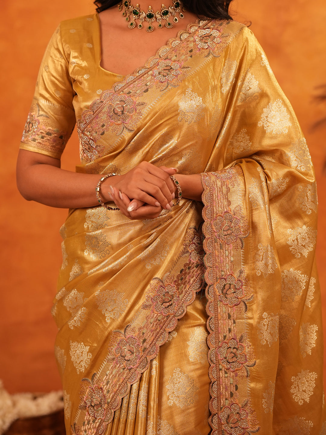Mustard Gold Banarasi Silk Saree with Floral Zari Butti & Scalloped Embroidered Border | Premium Festive & Wedding Wear Designer Saree
