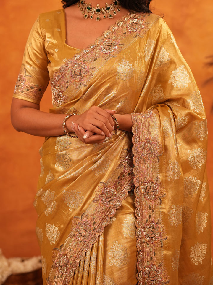 Mustard Gold Banarasi Silk Saree with Floral Zari Butti & Scalloped Embroidered Border | Premium Festive & Wedding Wear Designer Saree