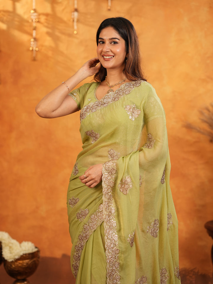 Pista Green Fendy Satin Embroidered Saree with Floral Border & Tassels | Elegant Pastel Designer Saree with Heavy Embroidered Blouse