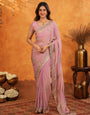 Pastel Baby Pink Fendy Satin Embroidered Saree with Rich Floral Border & Tassels | Elegant Designer Saree with Heavy Embroidered Blouse