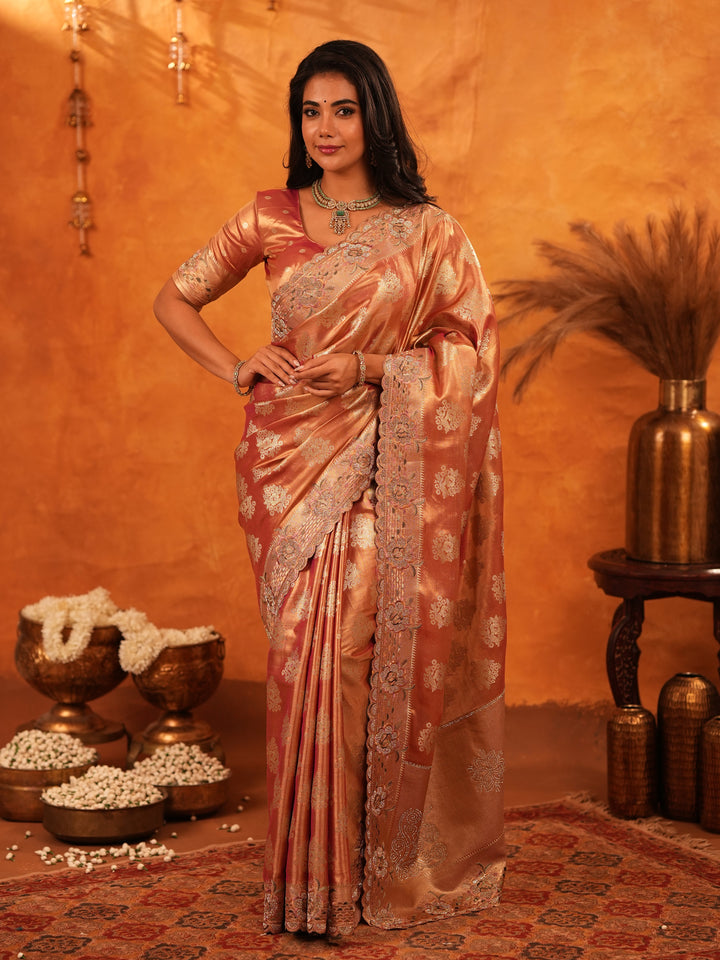 Rose Gold Banarasi Silk Saree with Floral Zari Butti & Scalloped Embroidered Border | Premium Wedding & Festive Wear Designer Saree
