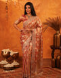 Rose Gold Banarasi Silk Saree with Floral Zari Butti & Scalloped Embroidered Border | Premium Wedding & Festive Wear Designer Saree