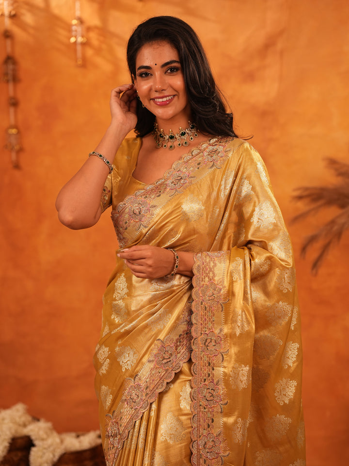Mustard Gold Banarasi Silk Saree with Floral Zari Butti & Scalloped Embroidered Border | Premium Festive & Wedding Wear Designer Saree