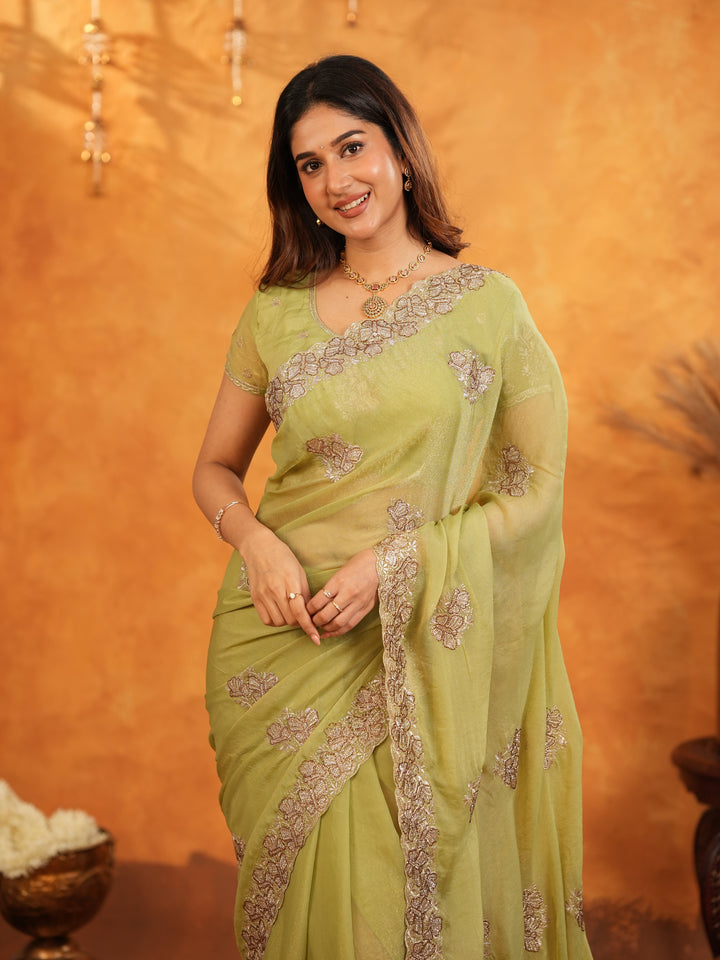 Pista Green Fendy Satin Embroidered Saree with Floral Border & Tassels | Elegant Pastel Designer Saree with Heavy Embroidered Blouse