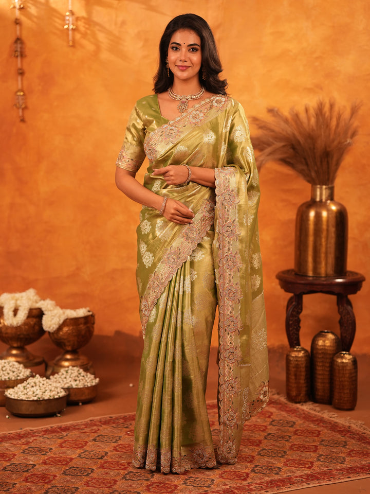 Mehendi Green Banarasi Silk Saree with Floral Zari Butti & Scalloped Embroidered Border | Elegant Festive & Wedding Wear Designer Saree